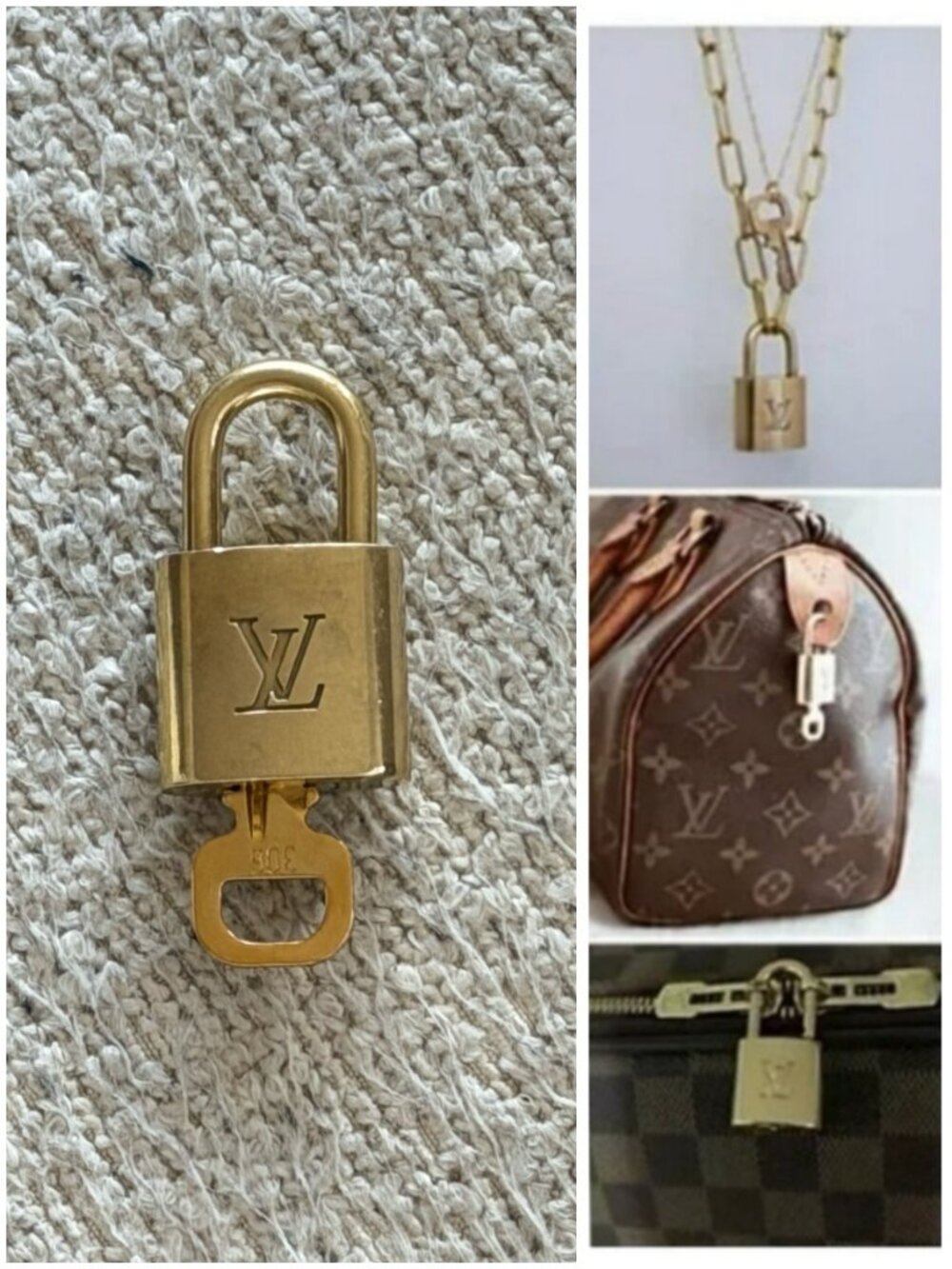 Louis Vuitton Gold Padlock & Key Necklace Pendant Bag Charm # 306